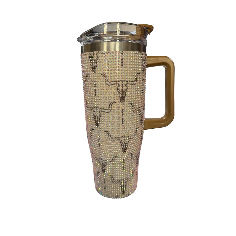 Longhorn Bull Skull‎ Rhinestone Tumbler 40oz Stainless Steel Travel Mug Tan AB